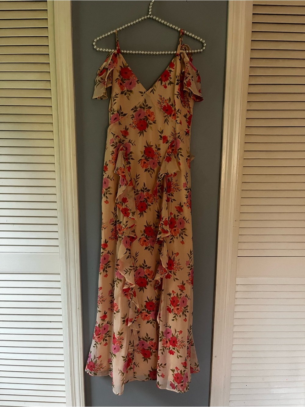 Old Navy Beige Floral Cold-Shoulder Maxi Dress